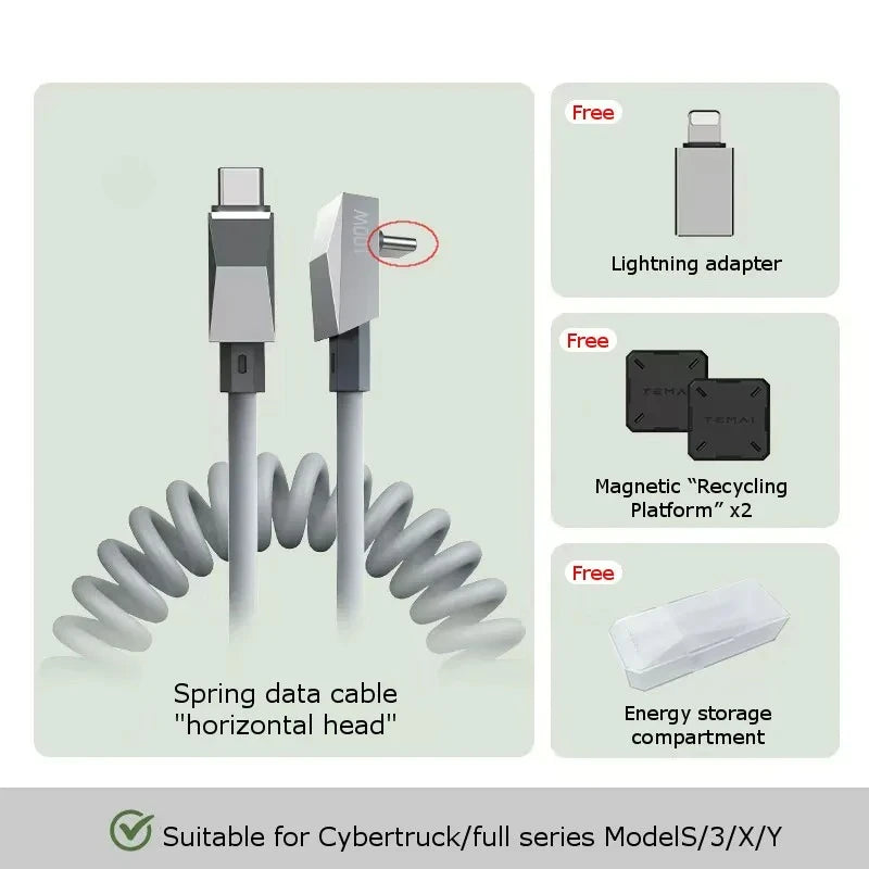 1.8M 100W Type-C Car Spring Data Cable For Tesla Full Series Model 3 / Y / S / X Elbow Fast Charging Cables Wire USB-C/Lightning — view 1