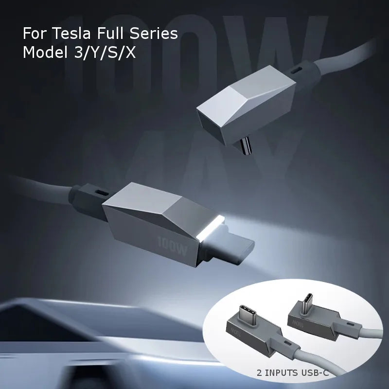 1.8M 100W Type-C Car Spring Data Cable For Tesla Full Series Model 3 / Y / S / X Elbow Fast Charging Cables Wire USB-C/Lightning — view 2