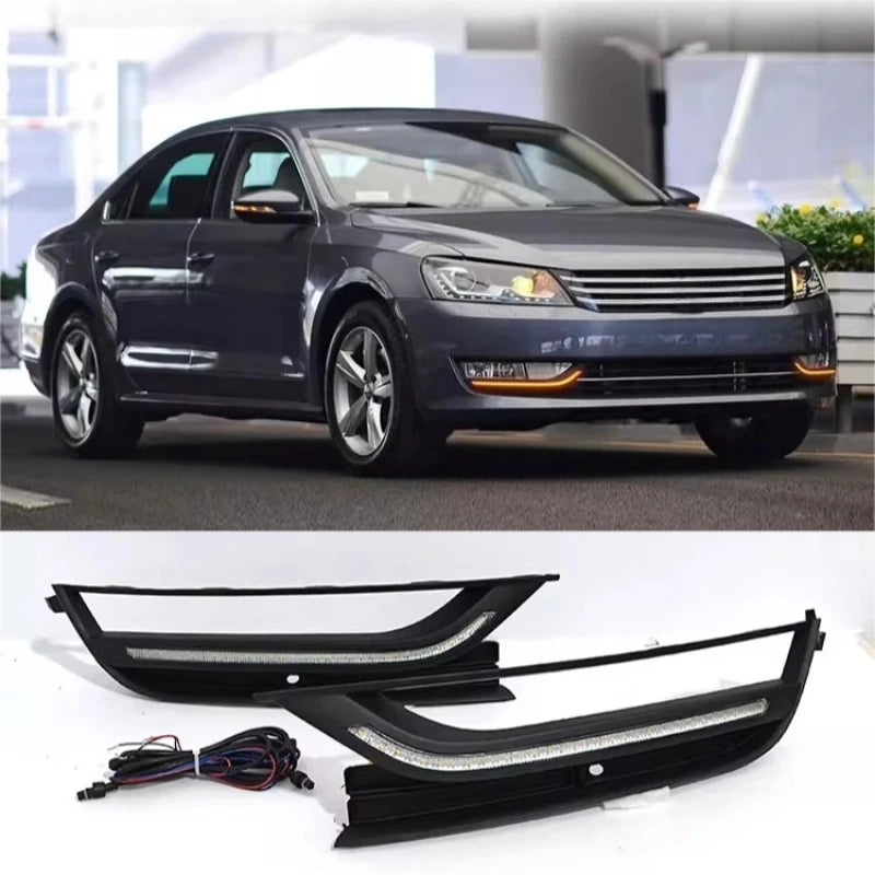 2Pcs Car Led Daytime Running Light Front Fog Lamp Yellow Dynamic Turn Signal For Volkswagen Passat 2011 2012 2013 2014 2015 — view 1