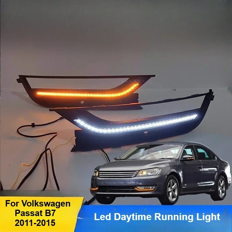 2Pcs Car Led Daytime Running Light Front Fog Lamp Yellow Dynamic Turn Signal For Volkswagen Passat 2011 2012 2013 2014 2015 — view 2