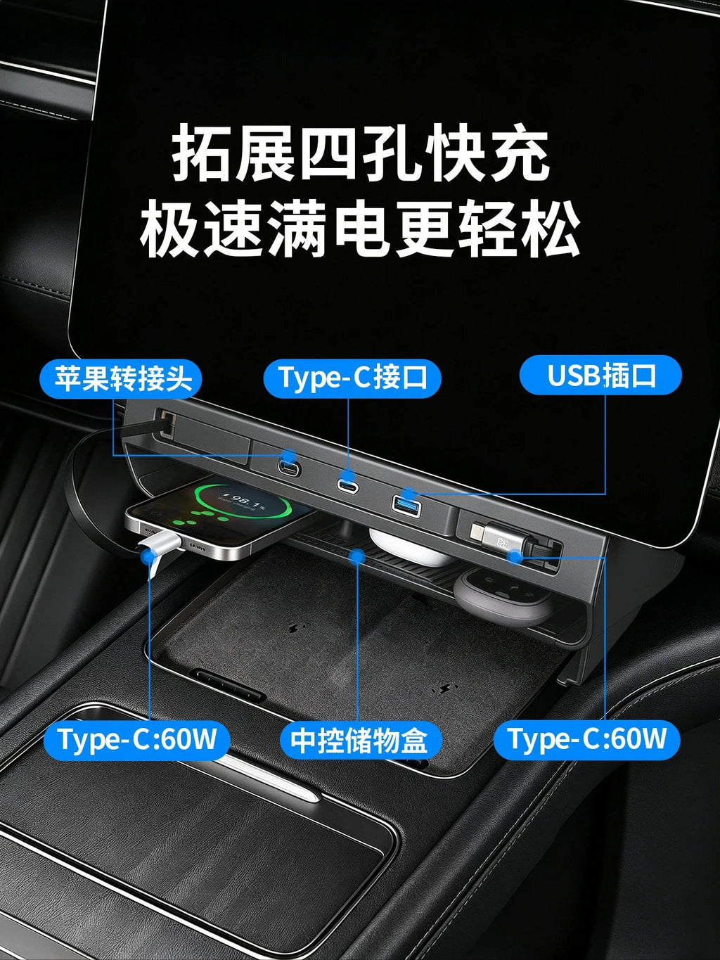 Car Center Console Under Screen Docking Station W/ Storage Box For NIO ES8 2022-2026 Car Telescopic Cable Fast Charger Accessory — view 4