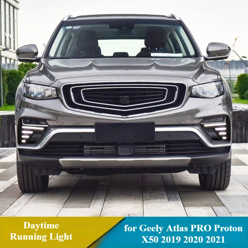 Car LED DRL Daytime Running Light for Geely Atlas PRO Proton X50 2019 2020 2021 with Yellow Turn Signal Light Fog Lamp Cover — view 2