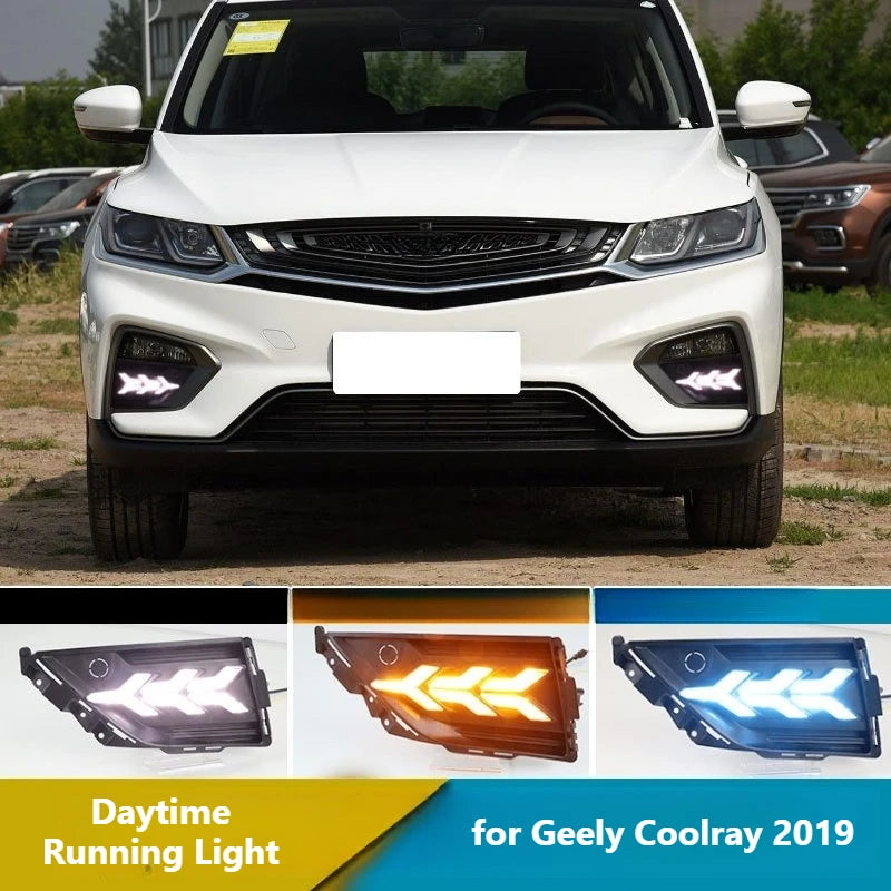 DRL for Geely Coolray 2019 Car Led Daytime Running Lights Yellow Dynamic Turn Signal Front Fog Lamp Modified 12V Daylights — view 1