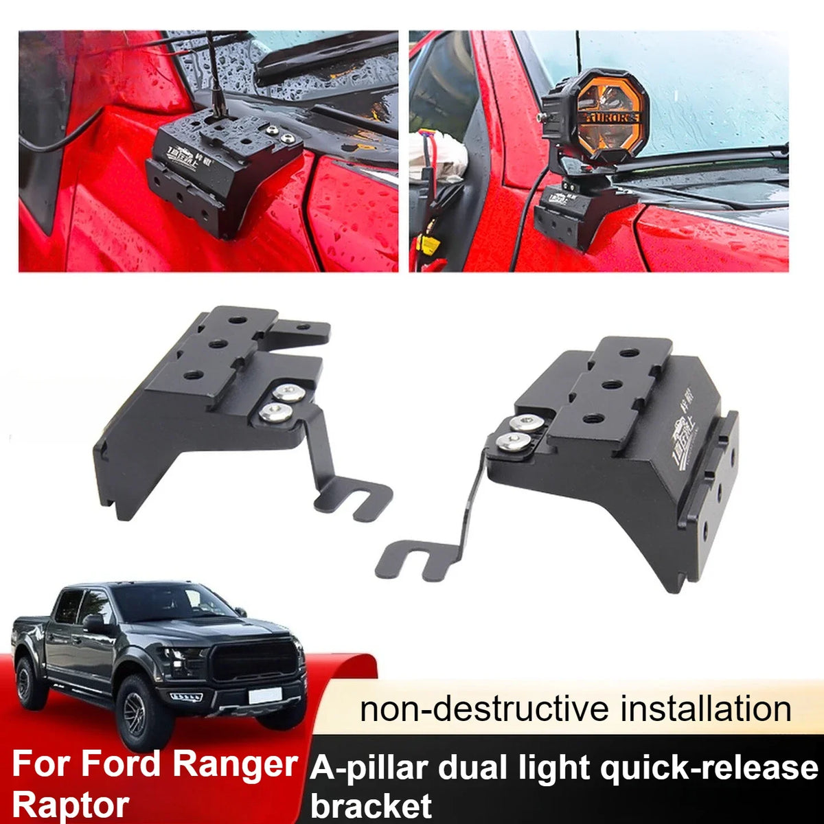 for Ford F-150 Raptor F150 2017-2020 A Pillar Spotlight Bracket Front Engine Hood Quick Release Dual Guide Rail Expansion Stand — view 1