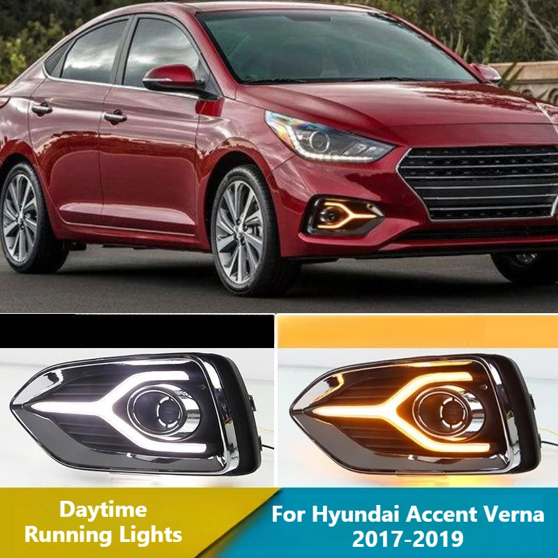 For Hyundai Accent Verna 2017 2018 2019 Car Daytime Running Lights Yellow Turn Signals Front Fog Lights Modified 12V Daylights — view 1