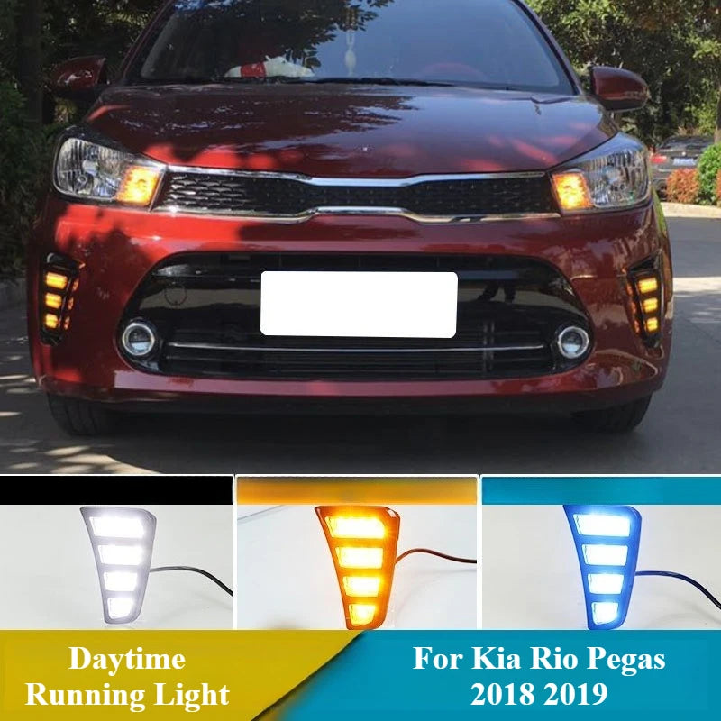 For Kia Rio Pegas 2018 2019 2Pcs Car Daytime Running Light Modified Dynamic Yellow Turn Signal DRL Front Fog Lamp Accessories — view 1