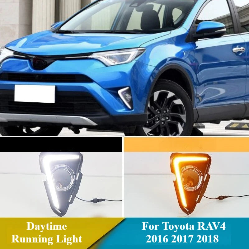 For Toyota RAV4 2016 2017 2018 Car Daytime Running Light LED with Yellow Light Turn Signal Front Bumper Fog Light 12V Daylights — view 1