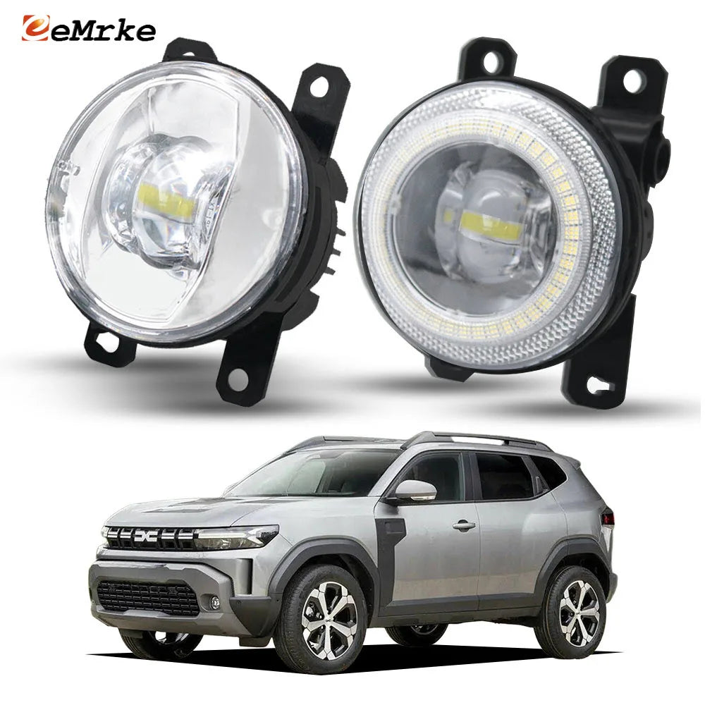 LED DRL Spotlight For Dacia Renault Duster Oroch 2010-2020 2021 2022 2023 2024 Fog Lamp + Angel Eye Ring Driving Accessories — view 1