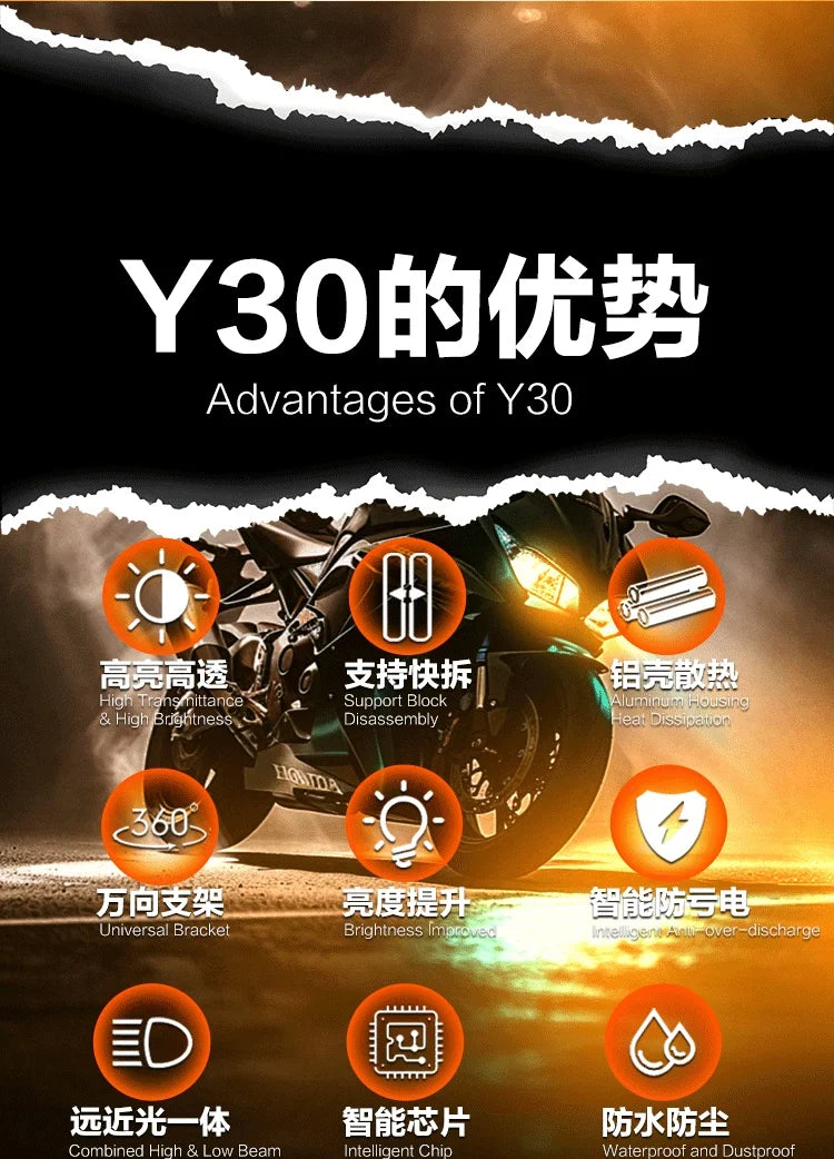Universal Motorcycle Spotlight Y30 High Brightness Driving Light Motor Bike Led Auxiliary Spotlight Projector for R1200GS F800GS — view 2